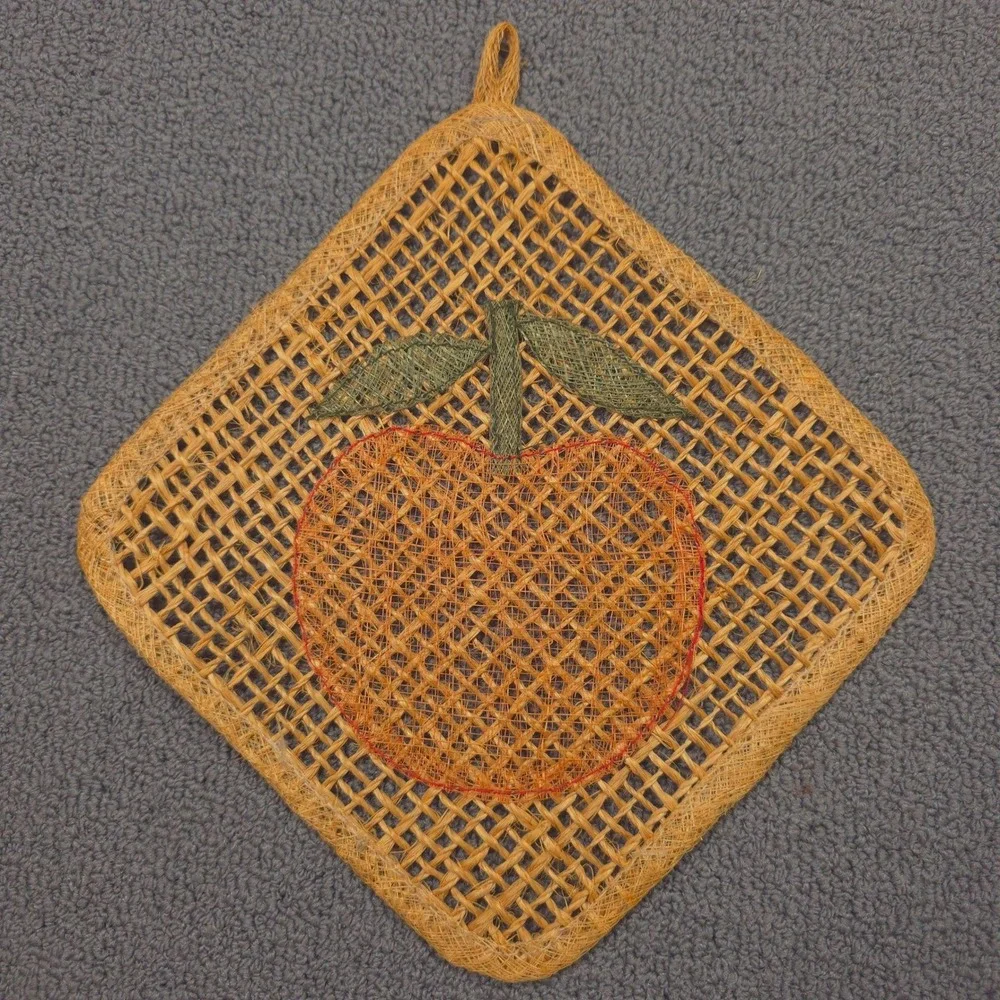 Vintage Woven Straw Peach Trivets Pot Holders Set of 4 Orange Tan‎ Boho Kitchen